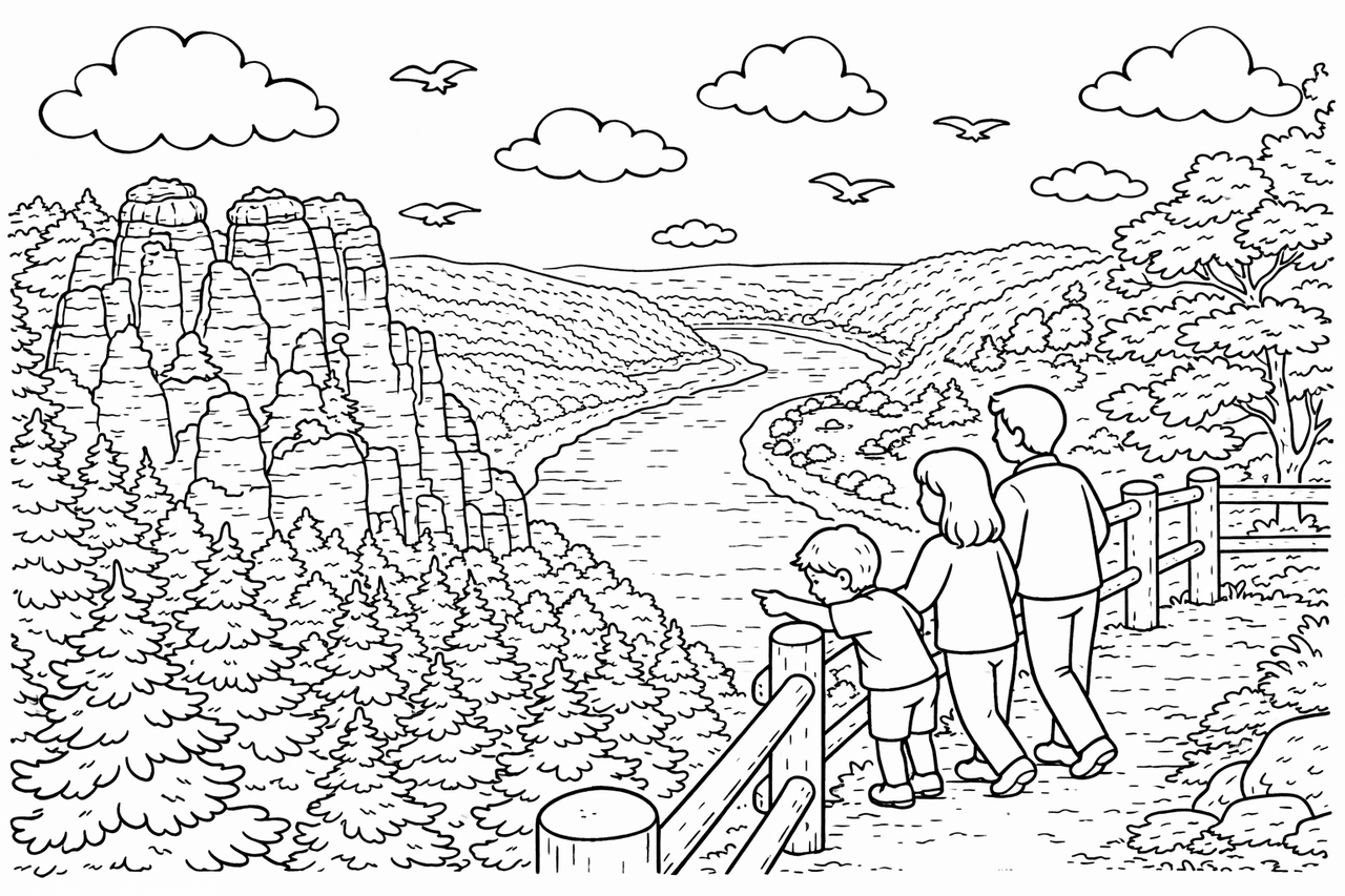Deutschland: Familie im Nationalpark Sächsische Schweiz - Ausmalbild