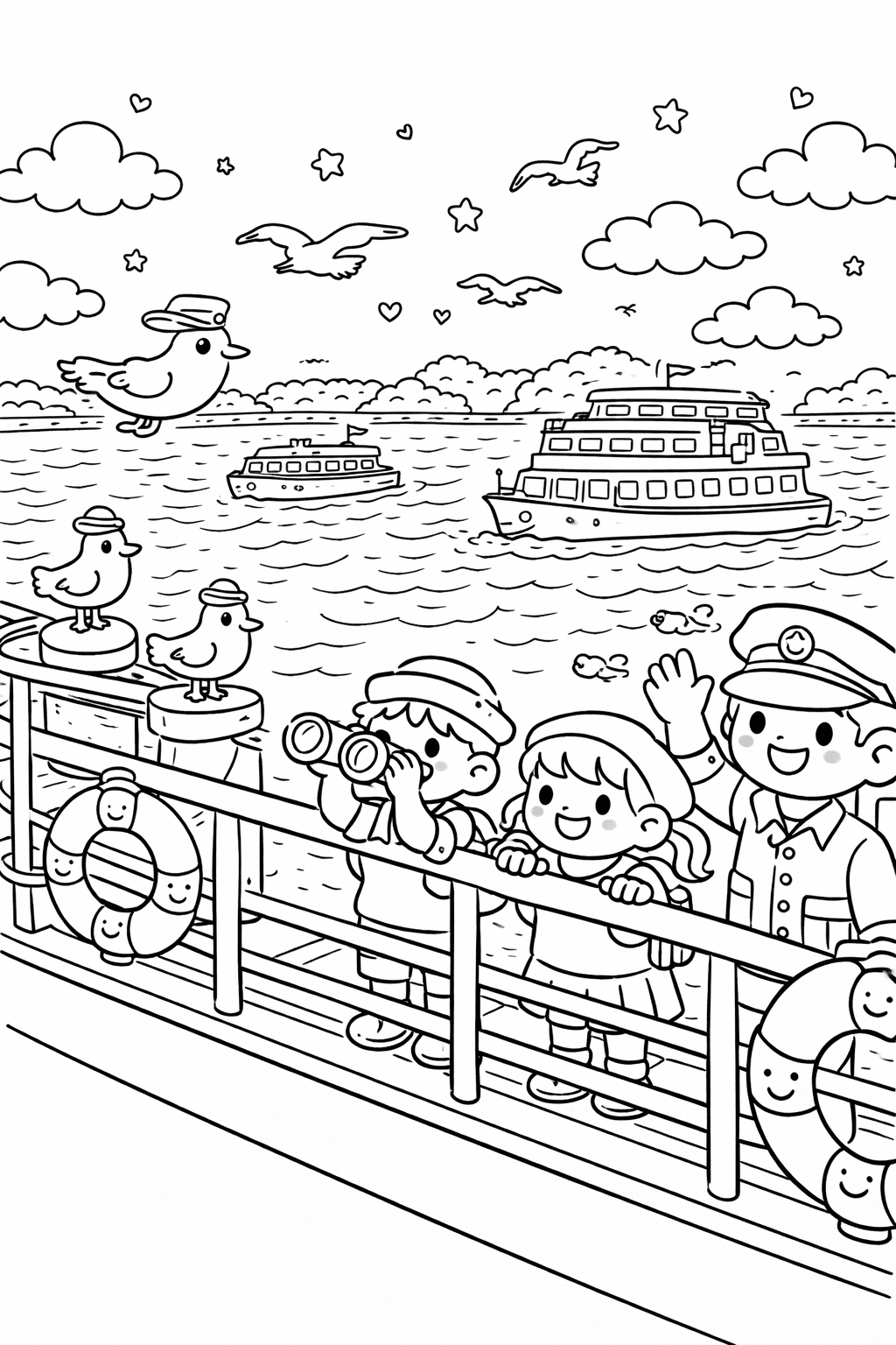 Deutschland: Fröhliche Passagiere auf dem Rhein - Ausmalbild