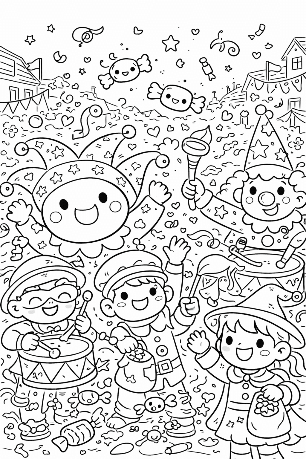 Deutschland: Fröhliches Karnevalfest mit süßen Figuren - Ausmalbild