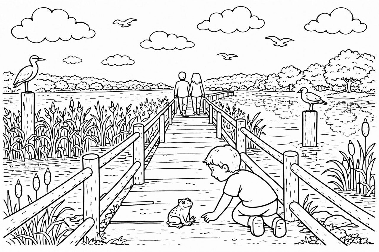 Deutschland: Froschbeobachtung am Bohlenweg im Nationalpark - Ausmalbild