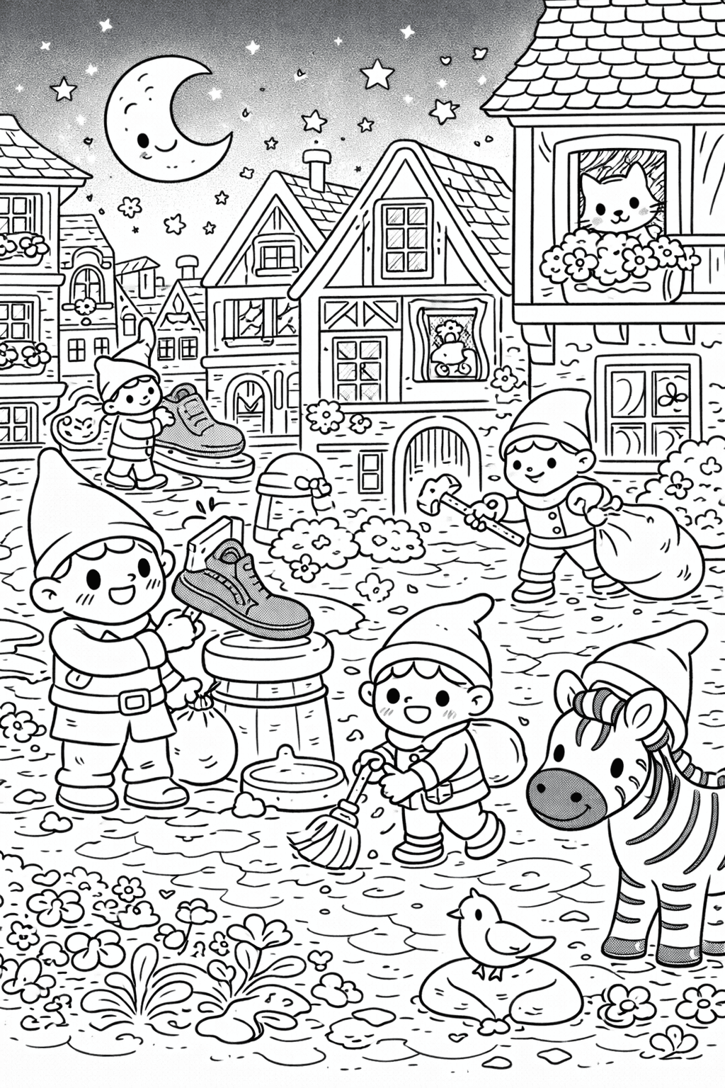 Deutschland: Heinzelmännchen bei nächtlicher Arbeit - Ausmalbild