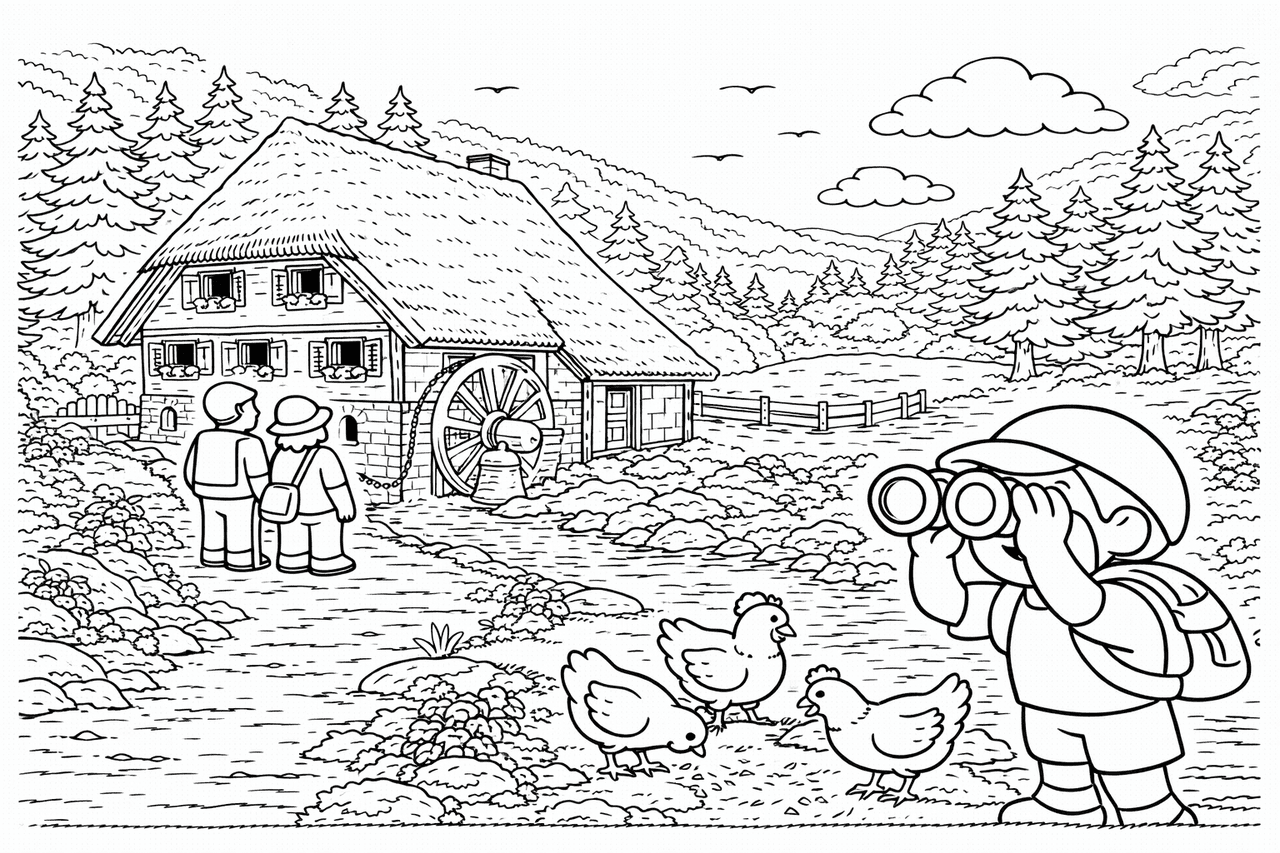 Deutschland: Idyllische Schwarzwaldfarm im Frühling - Ausmalbild