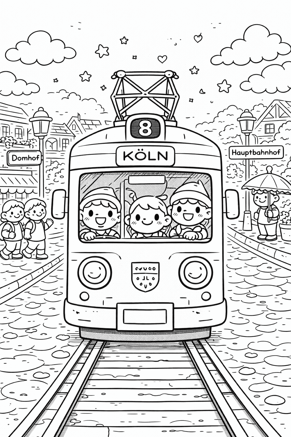 Deutschland: Köln Straßenbahn mit freundlichem Gesicht - Ausmalbild