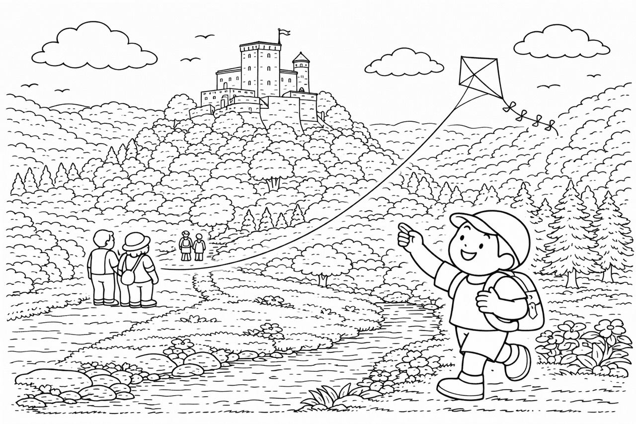 Deutschland: Kind am Himmel, Burg im Hintergrund - Ausmalbild