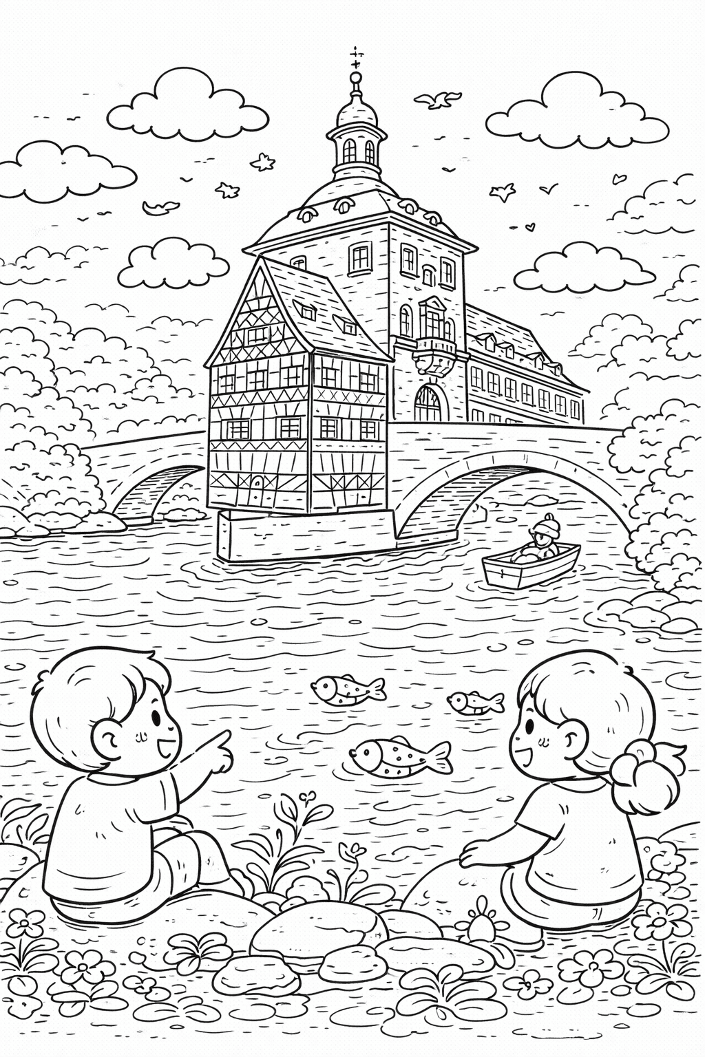 Deutschland: Kinder beobachten Fische am Alten Rathaus - Ausmalbild