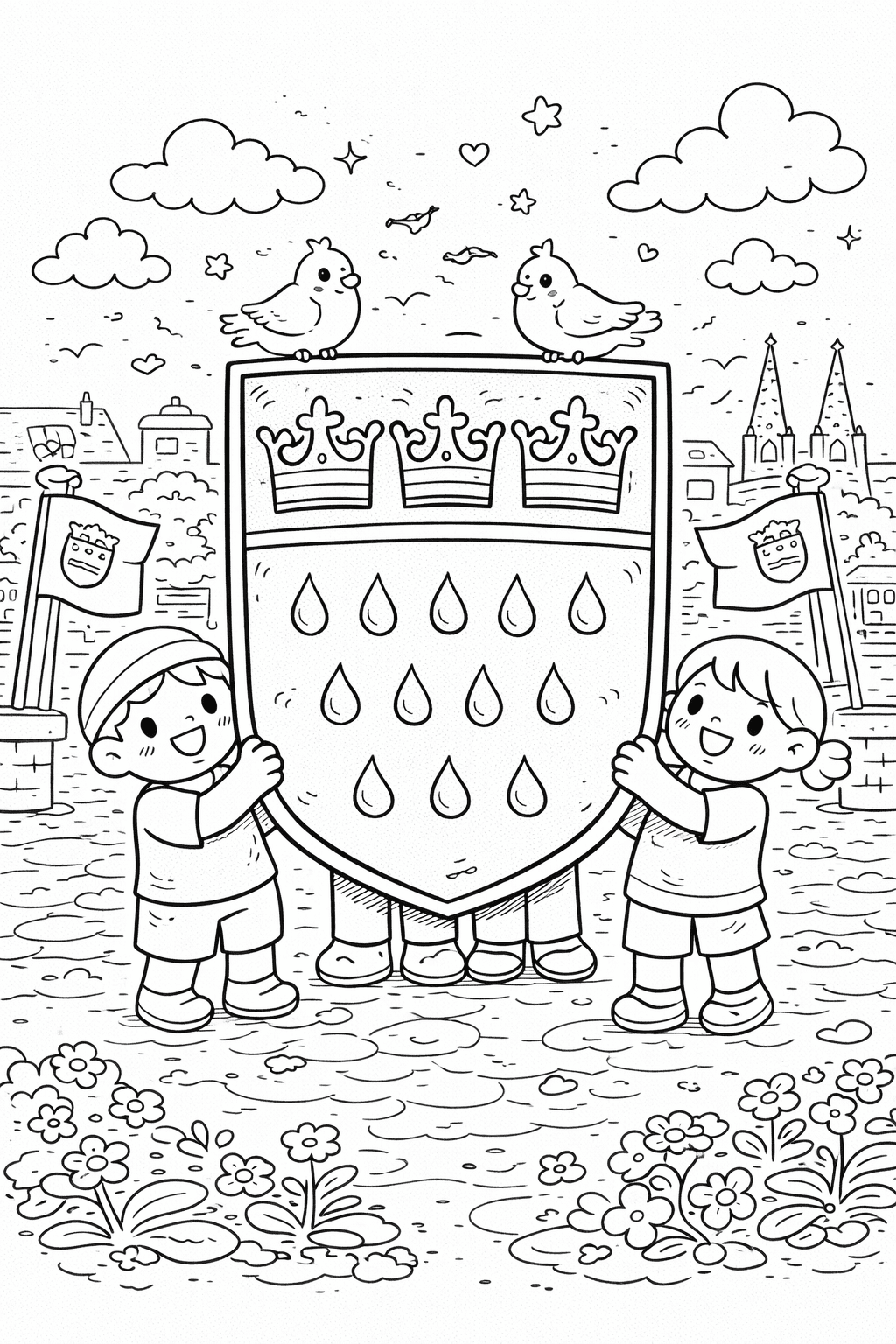 Deutschland: Kinder mit Kölner Wappen und Tauben - Ausmalbild