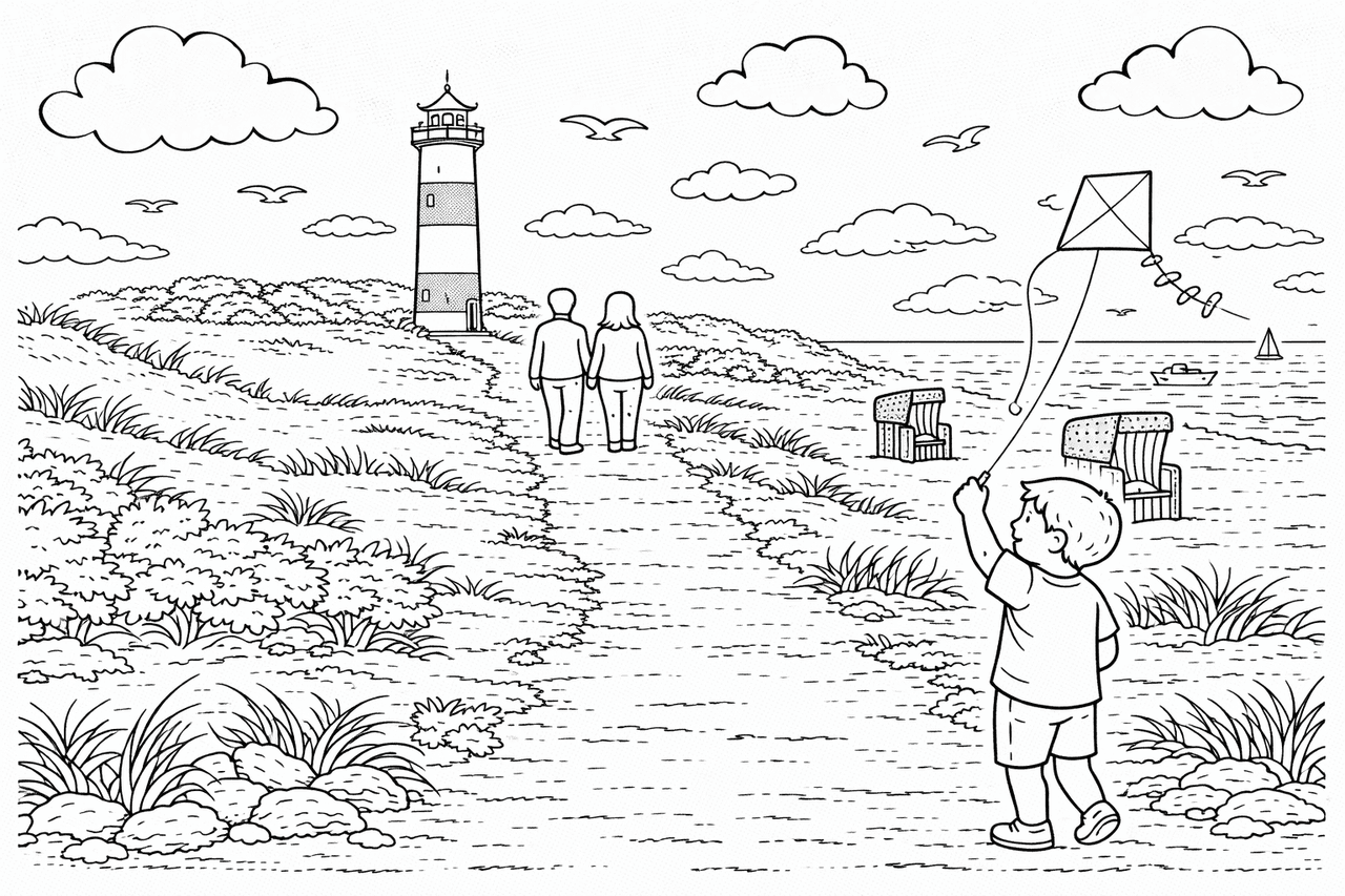 Deutschland: Lighthouse im Sanddünen mit Aktivitäten - Ausmalbild