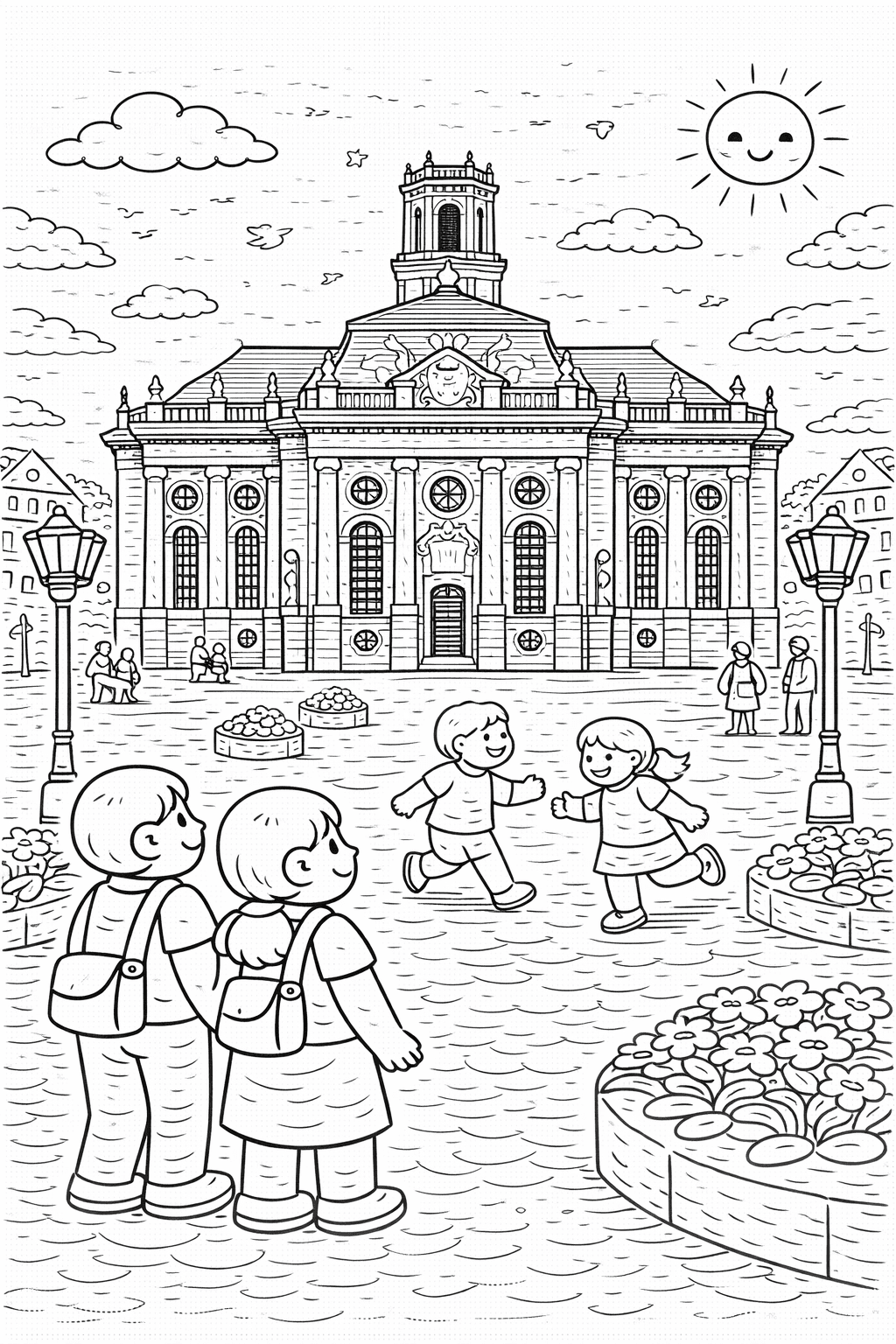 Deutschland: Ludwigskirche im Sonnenschein mit Spielenden Kindern - Ausmalbild