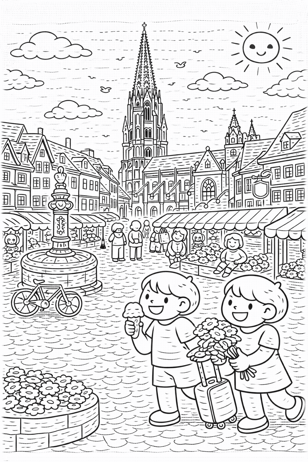 Deutschland: Marktplatz in Freiburg mit Münster - Ausmalbild