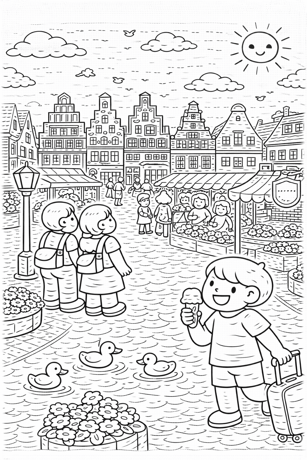 Deutschland: Marktplatz in Lüneburg mit Kindern - Ausmalbild