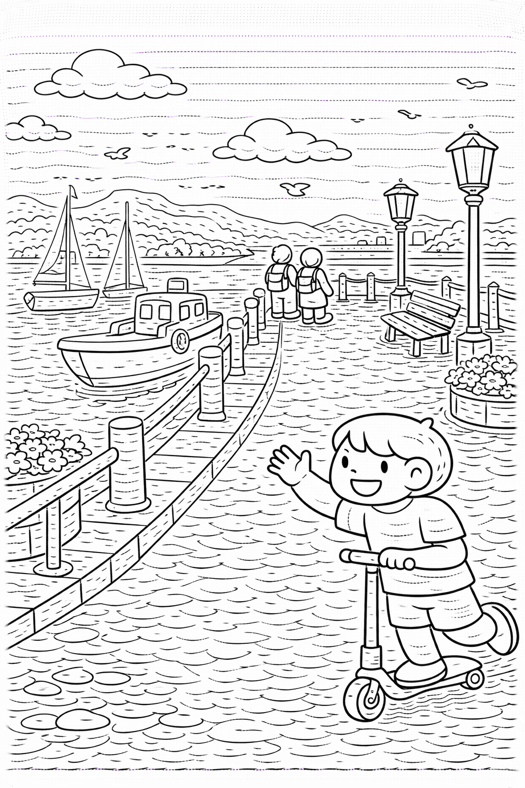 Deutschland: Promenade in Lindau mit Jungen und Booten - Ausmalbild