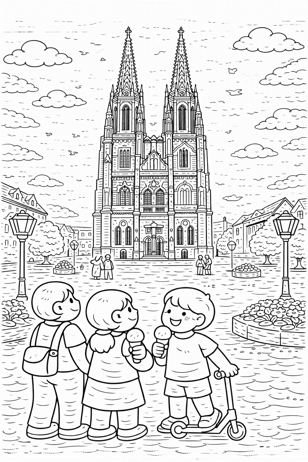 Deutschland: Regensburger Dom im Frühlingsstadion - Ausmalbild