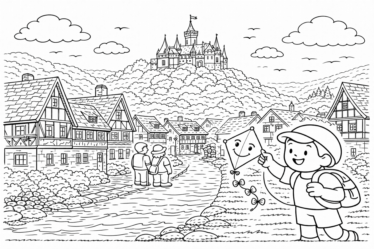 Deutschland: Schloss Wernigerode und der fröhliche Junge - Ausmalbild