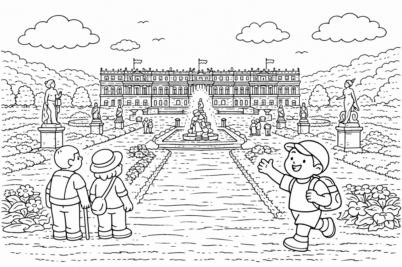 Deutschland: Spaziergang im Schlossgarten Herrenchiemsee - Ausmalbild