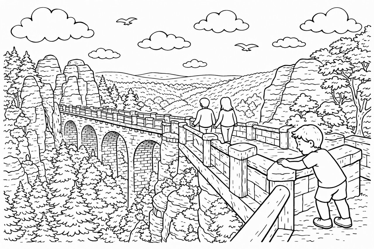 Deutschland: Steinerne Brücke in der Sächsischen Schweiz - Ausmalbild