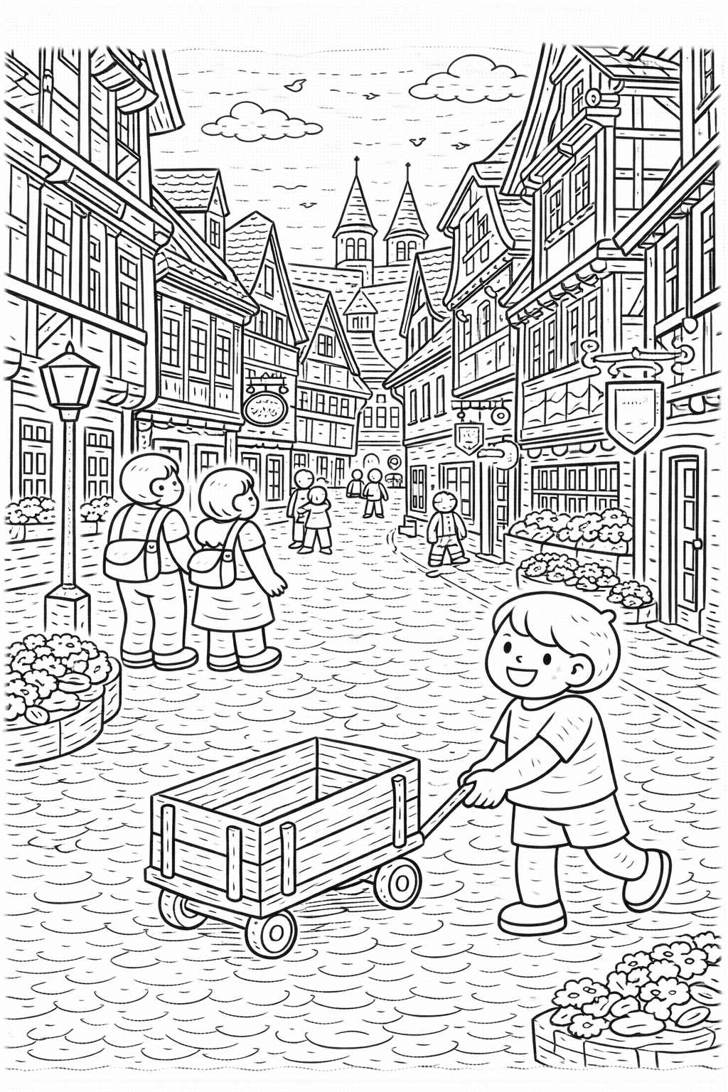 Deutschland: Straße mit Fachwerkhäusern in Quedlinburg - Ausmalbild