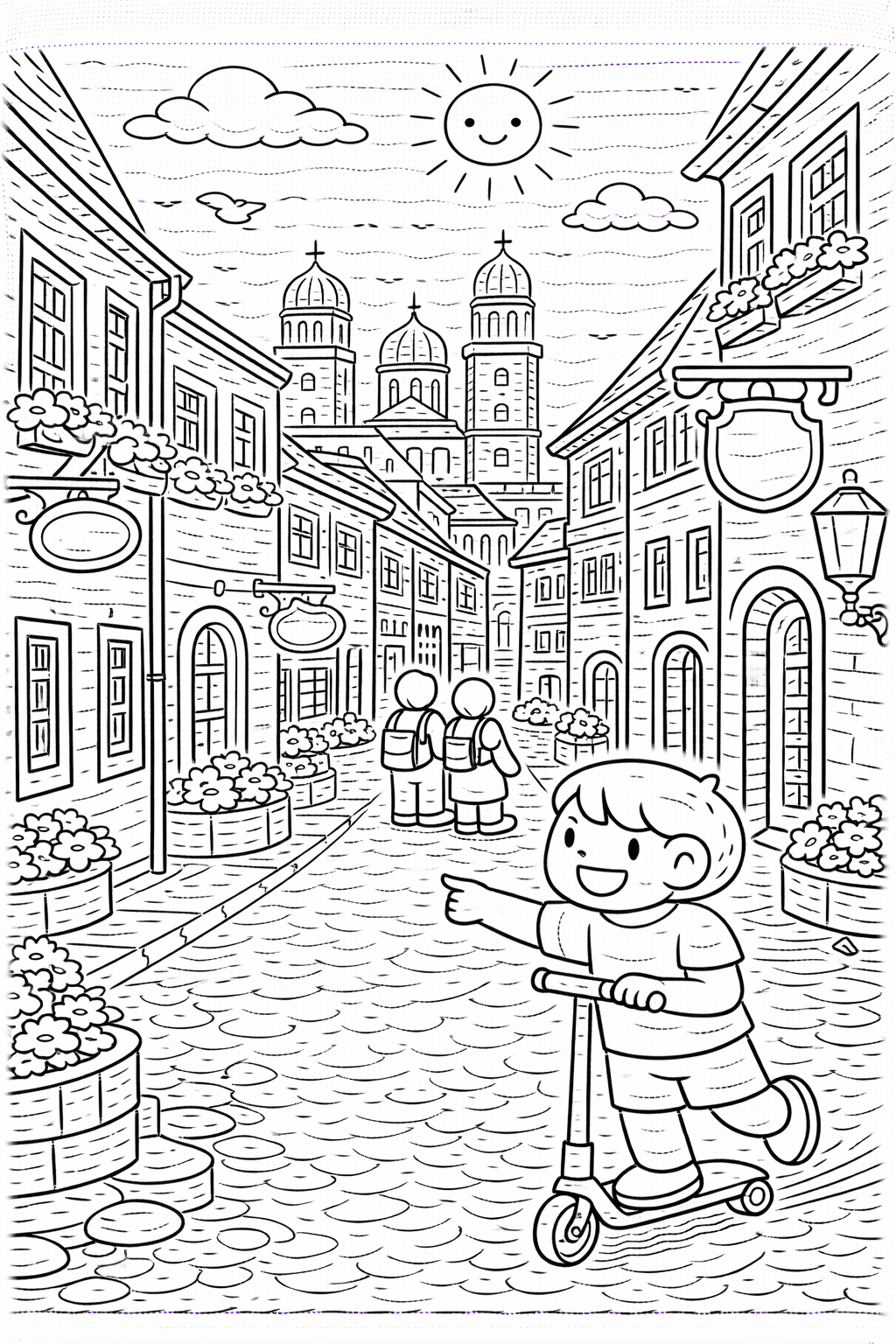 Deutschland: Straßenszene in Passau mit Kindern und Kathedrale - Ausmalbild