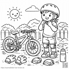 Kindergartenkind mit Fahrrad und Schutzausrüstung - Ausmalbild