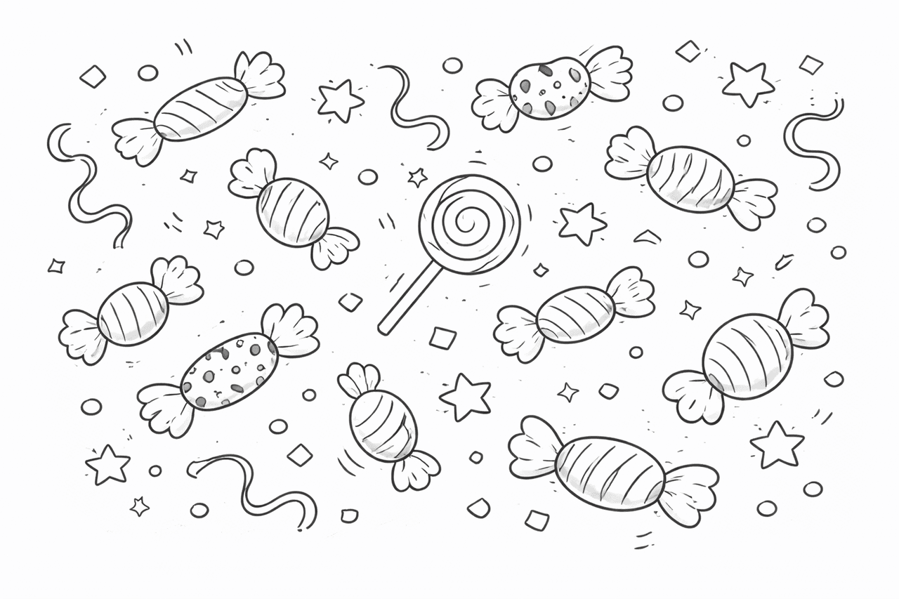 Bunte Süßigkeiten im fliegenden Tanz - Ausmalbild