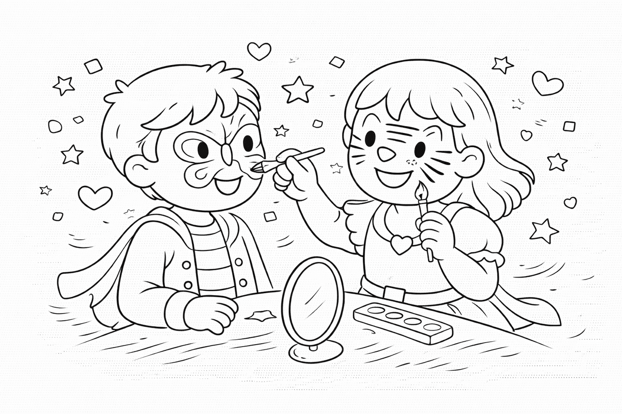 Fasching-Gesichter schminken im Kinderstil - Ausmalbild