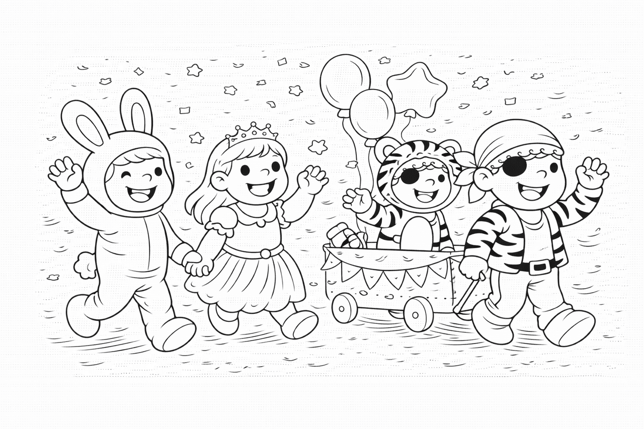 Faschingzug mit fröhlichen Kostümen - Ausmalbild