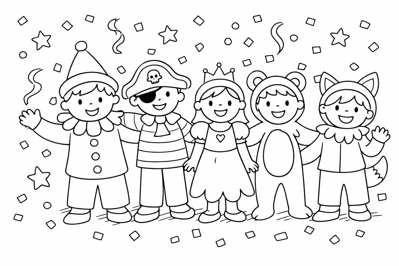 Kinder in Faschingskostümen mit Konfetti - Ausmalbild