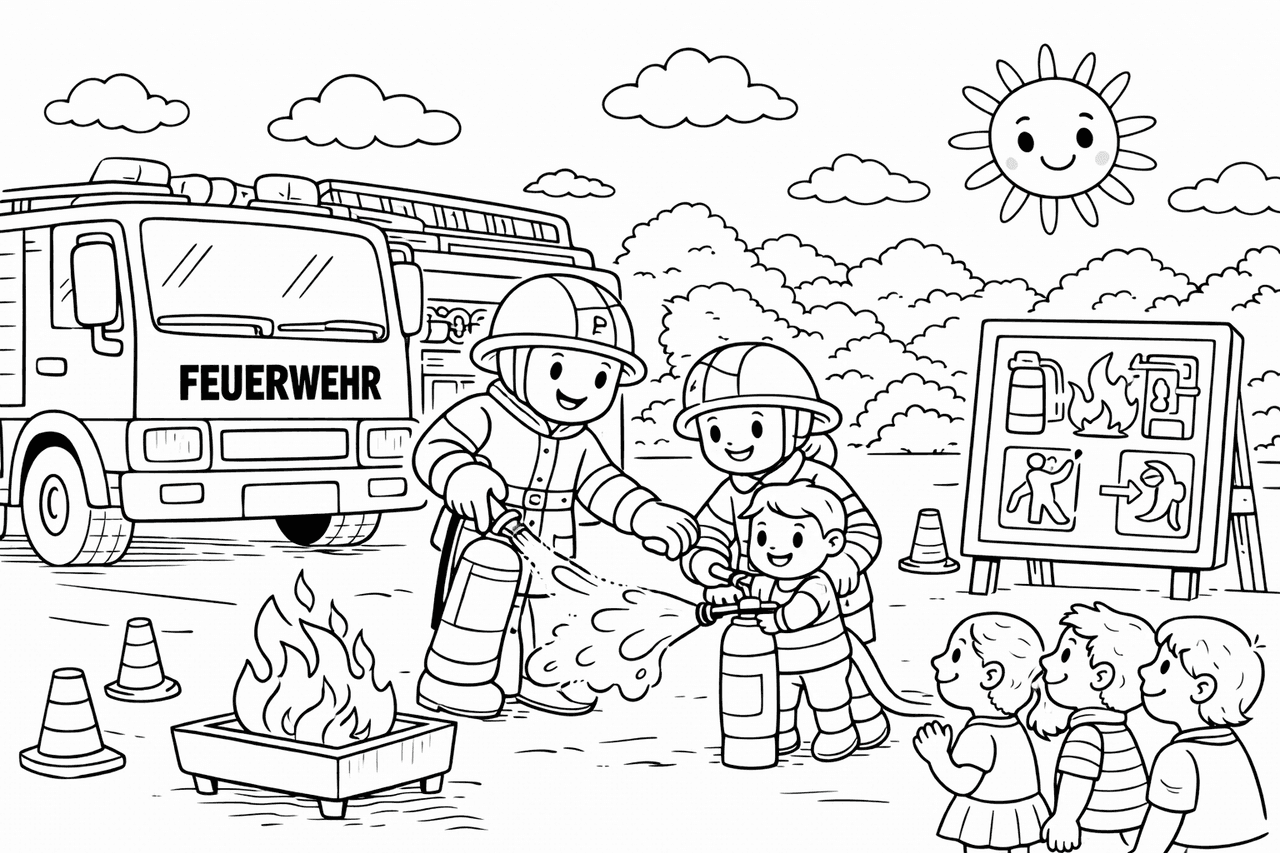 Feuerwehrübung mit Kindern und Feuerwehrleuten - Ausmalbild