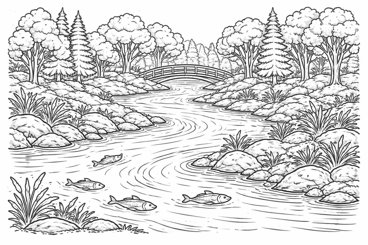 Flusslandschaft mit Brücke (Variante) - Ausmalbild