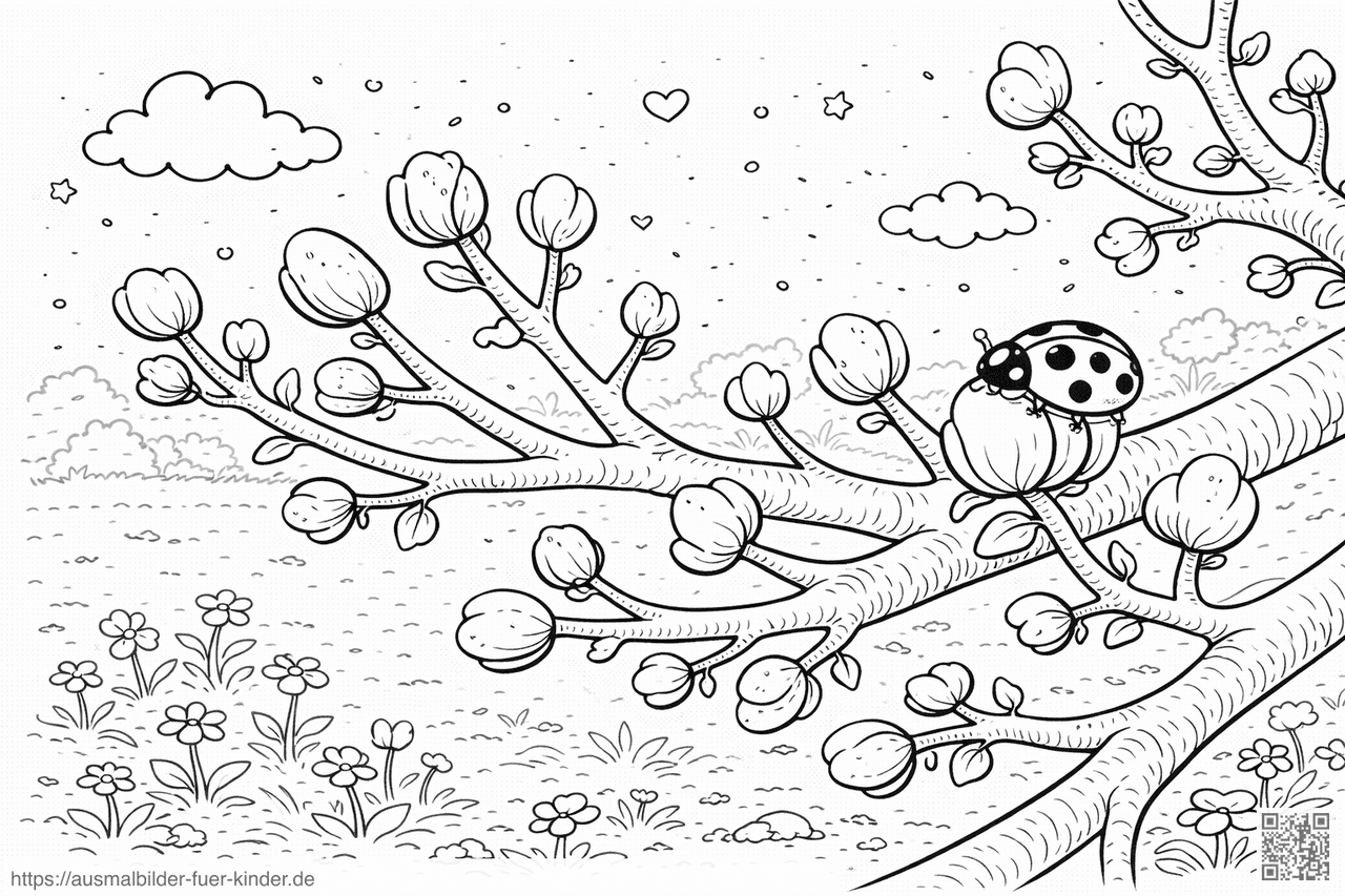 Blühende Zweige mit Marienkäfer - Ausmalbild