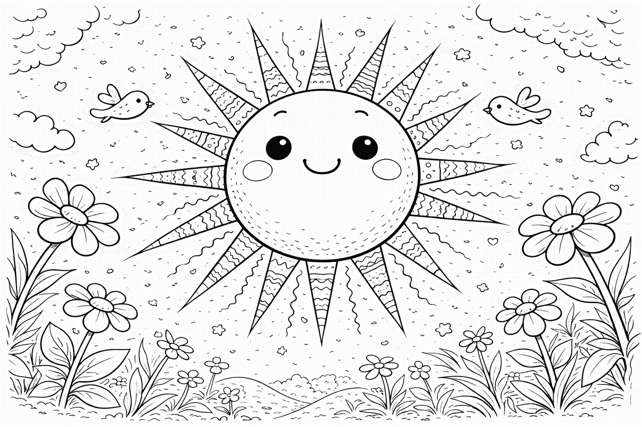 Fröhliche Sonne über Blumenwiese - Ausmalbild