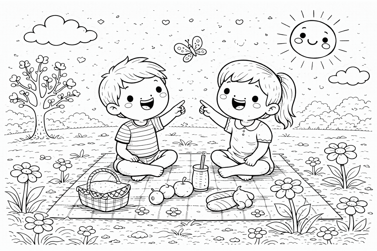 Fröhlicher Frühlingstag mit Picknick und Schmetterling - Ausmalbild