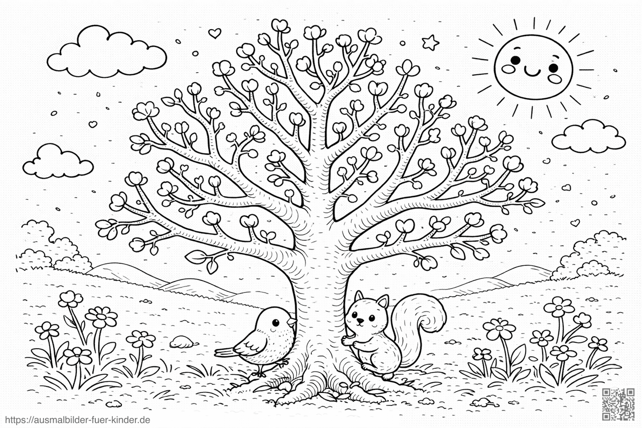 Frühling im Grünen mit Tieren - Ausmalbild