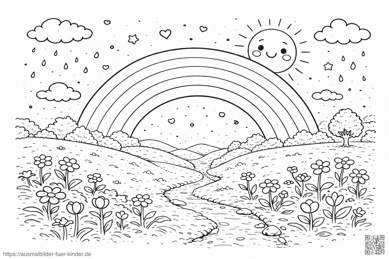 Frühling mit Regenbogen und Sonne - Ausmalbild