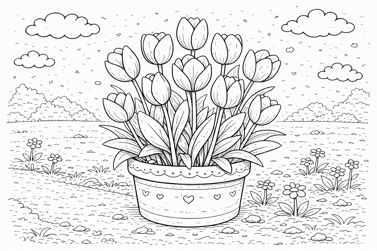 Frühlingstulpen im dekorativen Topf - Ausmalbild