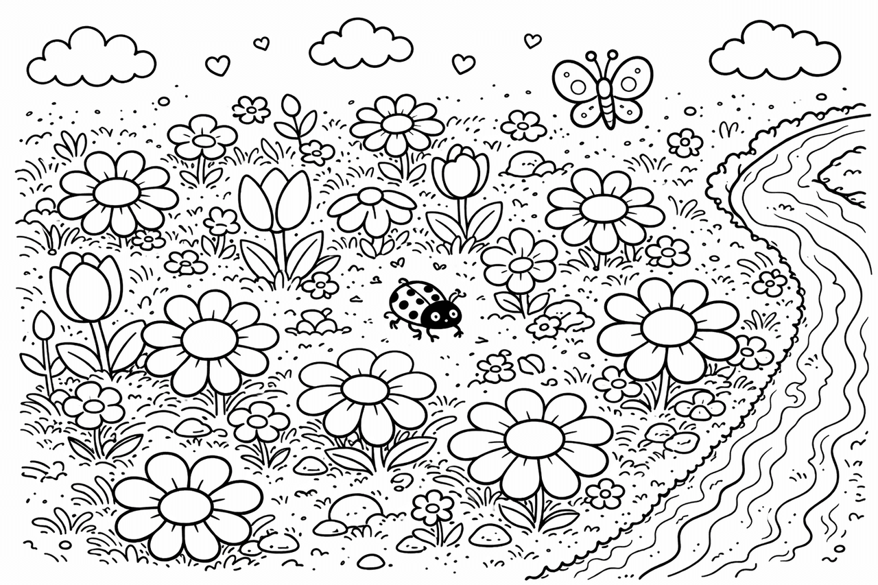 Frühlingswiese mit Schmetterling und Marienkäfer - Ausmalbild