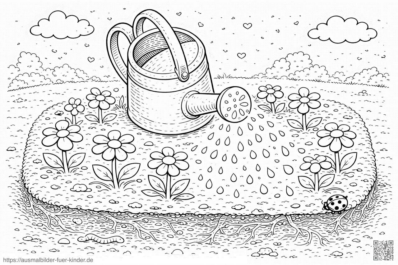 Gießkanne über blühendem Garten - Ausmalbild