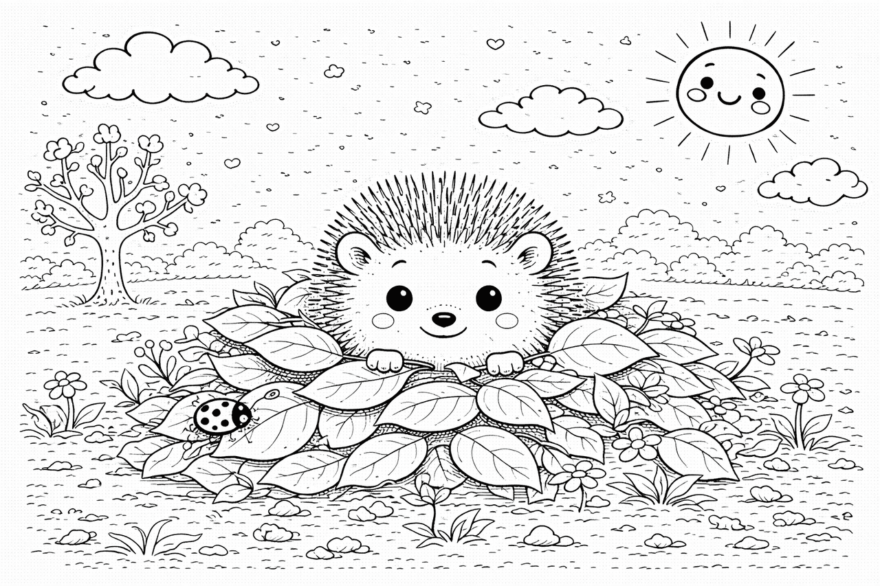 Igel im Laubhaufen mit Marienkäfer - Ausmalbild