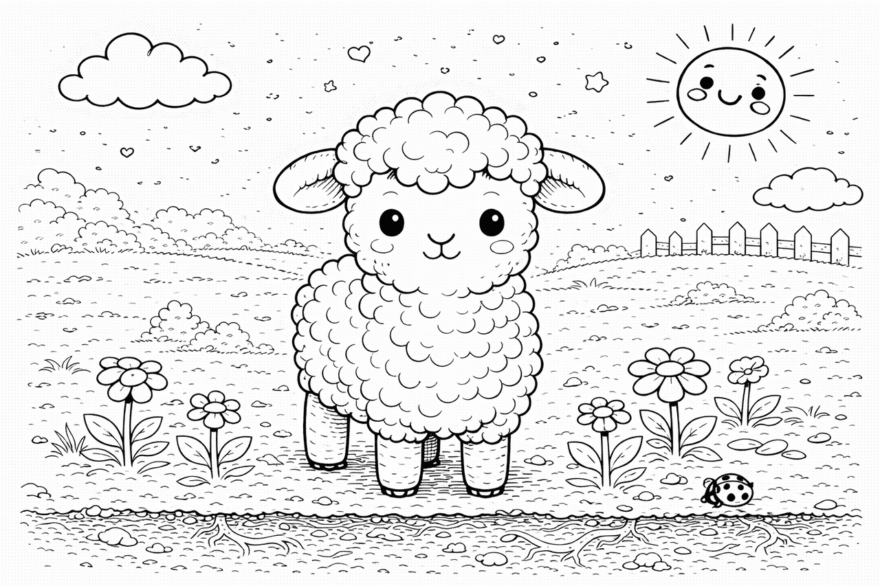 Lämmchen auf einer Frühlingswiese - Ausmalbild