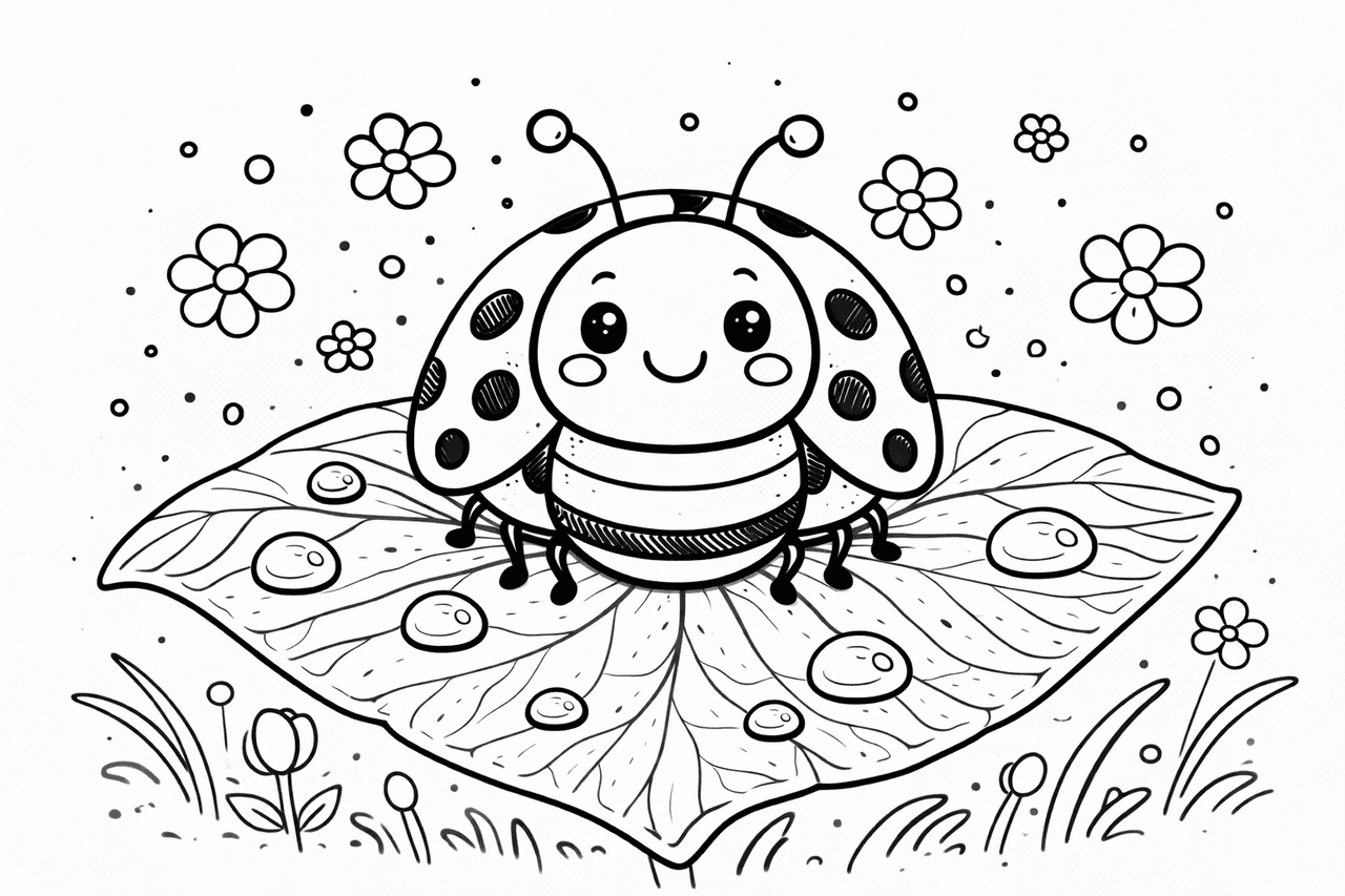 Marienkäfer auf Blatt mit Wassertröpfchen - Ausmalbild