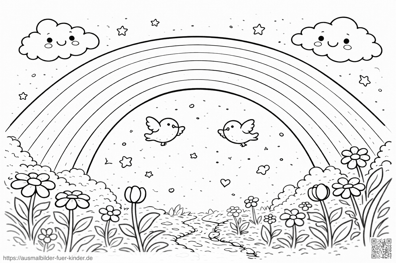 Regenbogen über Blumenwiese mit Vögeln - Ausmalbild