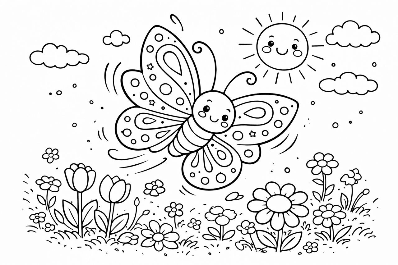 Schmetterling über blühender Wiese - Ausmalbild