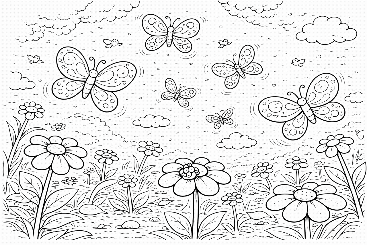 Schmetterlinge über einer Blumenwiese - Ausmalbild