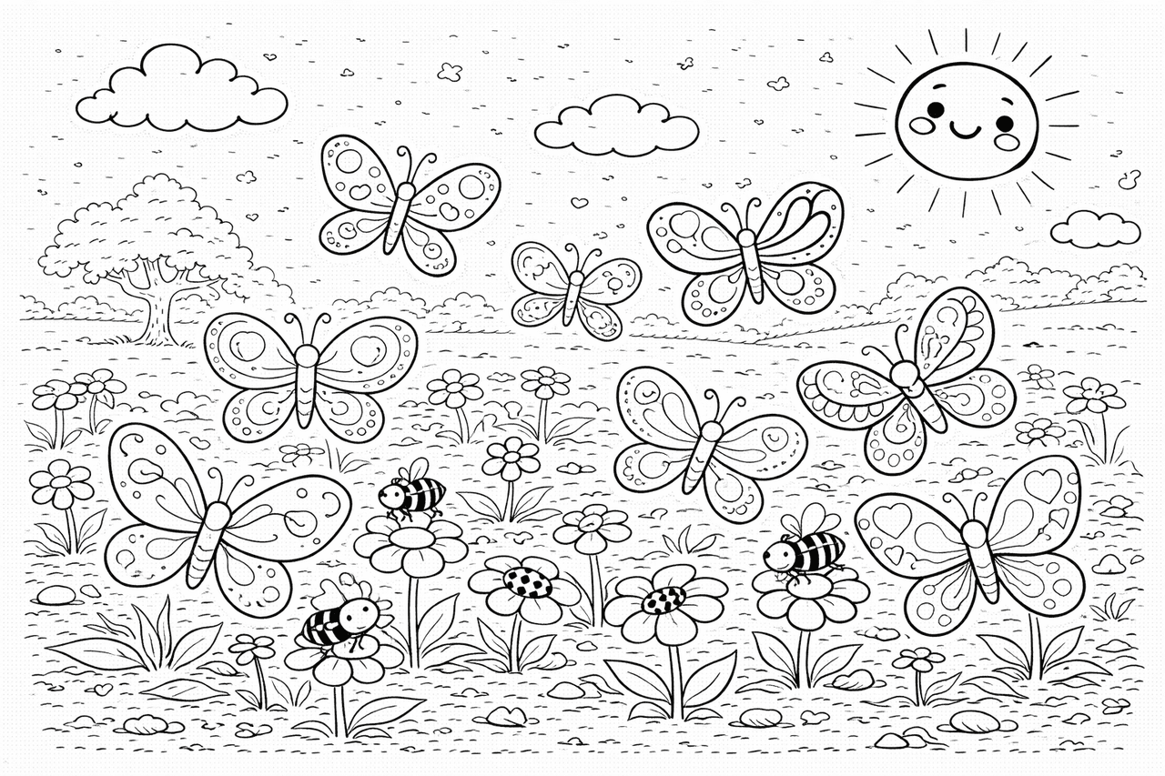 Schmetterlingswiese an einem sonnigen Tag - Ausmalbild