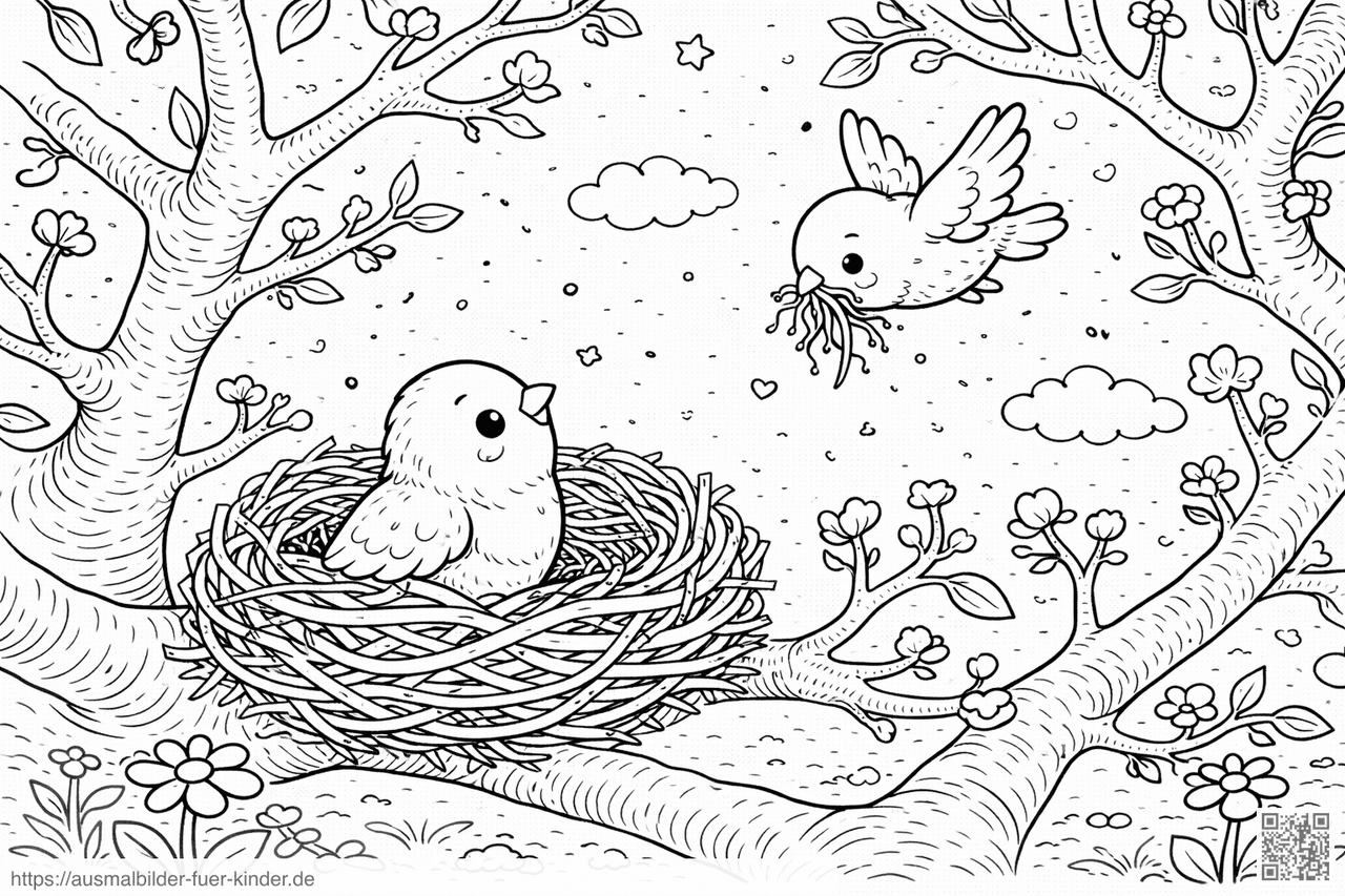 Vögel im Baumkronendach mit Nistmaterial - Ausmalbild