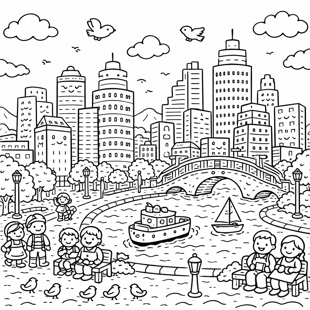 Frankfurt Stadtansicht mit Brücke - Ausmalbild