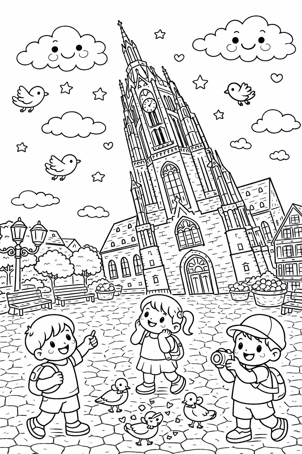 Frankfurter Dom und Kinder auf dem Platz - Ausmalbild