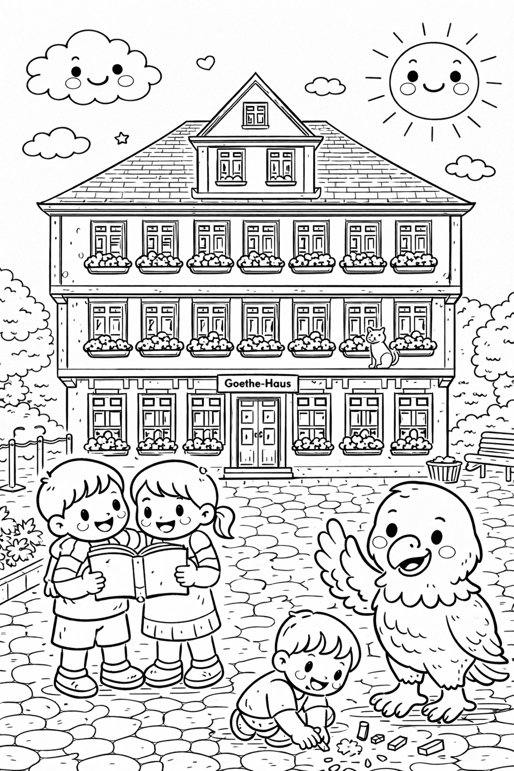 Goethe-Haus mit spielenden Kindern - Frankfurt Ausmalbild