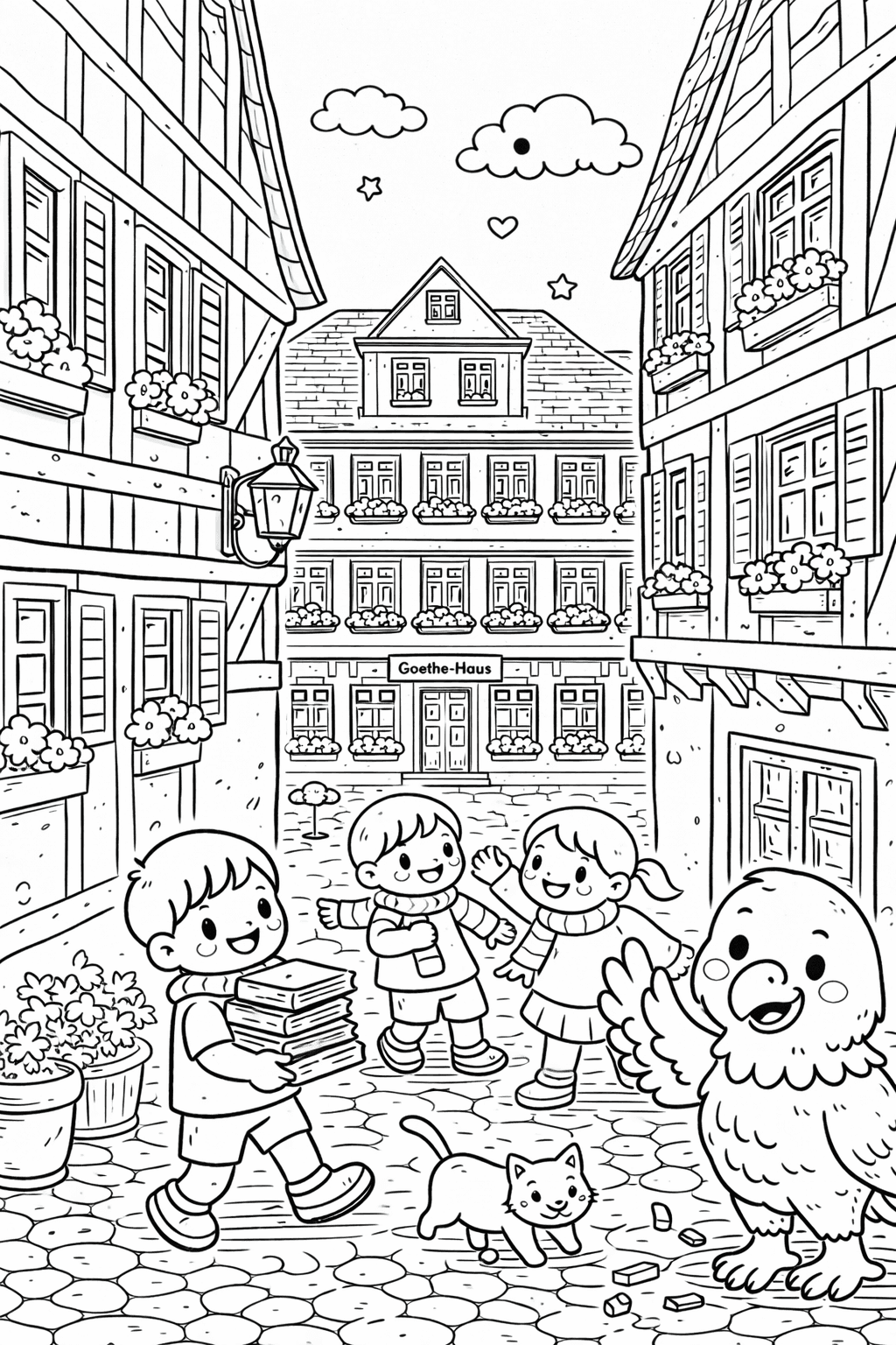 Goethe-Haus und Kinder in der Gasse - Frankfurt Ausmalbild