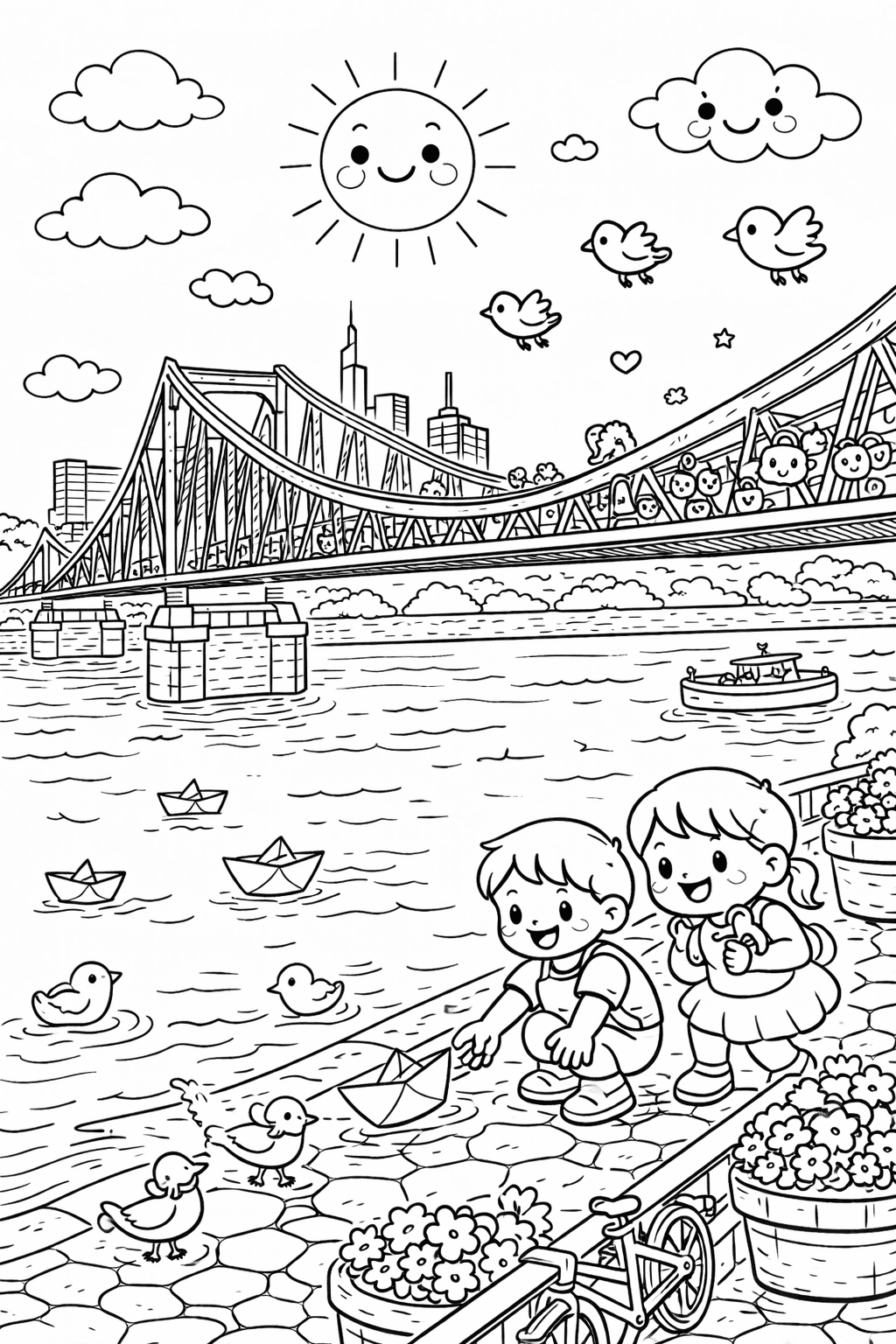 Kinder am Eisernen Steg mit Papierbooten - Frankfurt Ausmalbild