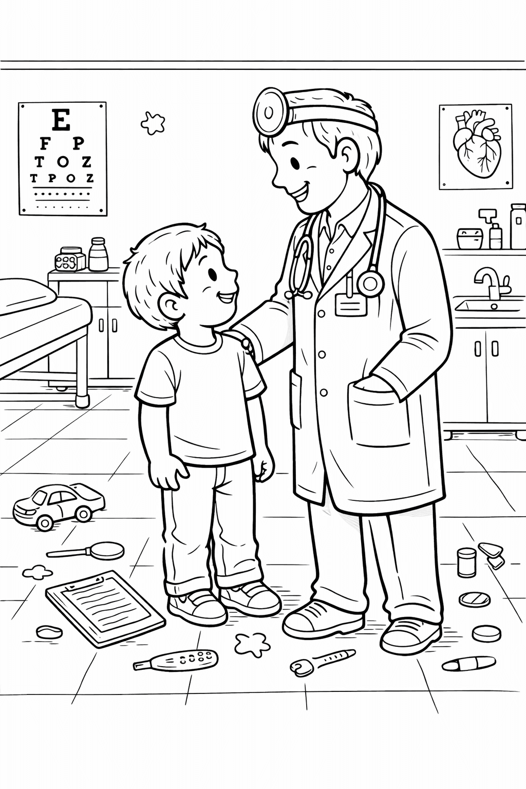 Freundlicher Arzt und Junge im Untersuchungszimmer - Ausmalbild